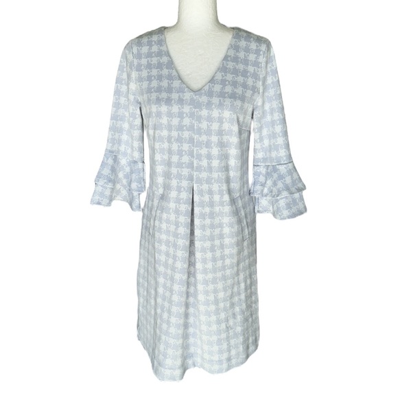 Tyler Boe Blue & White Houndstooth Gingham Print Bell Sleeve Knit Mini Dress - S - Picture 1 of 12